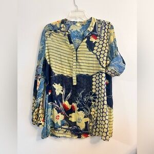 DOLMA Blouse Yellow Teal 100% Cotton Rolled Sleeves Geo Floral Tunic Size L